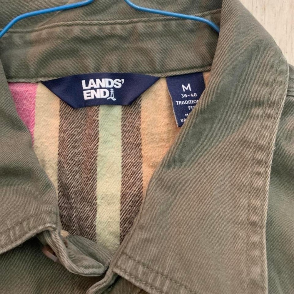 1990's pro Lands End Olive green button‎ up, utility shirt